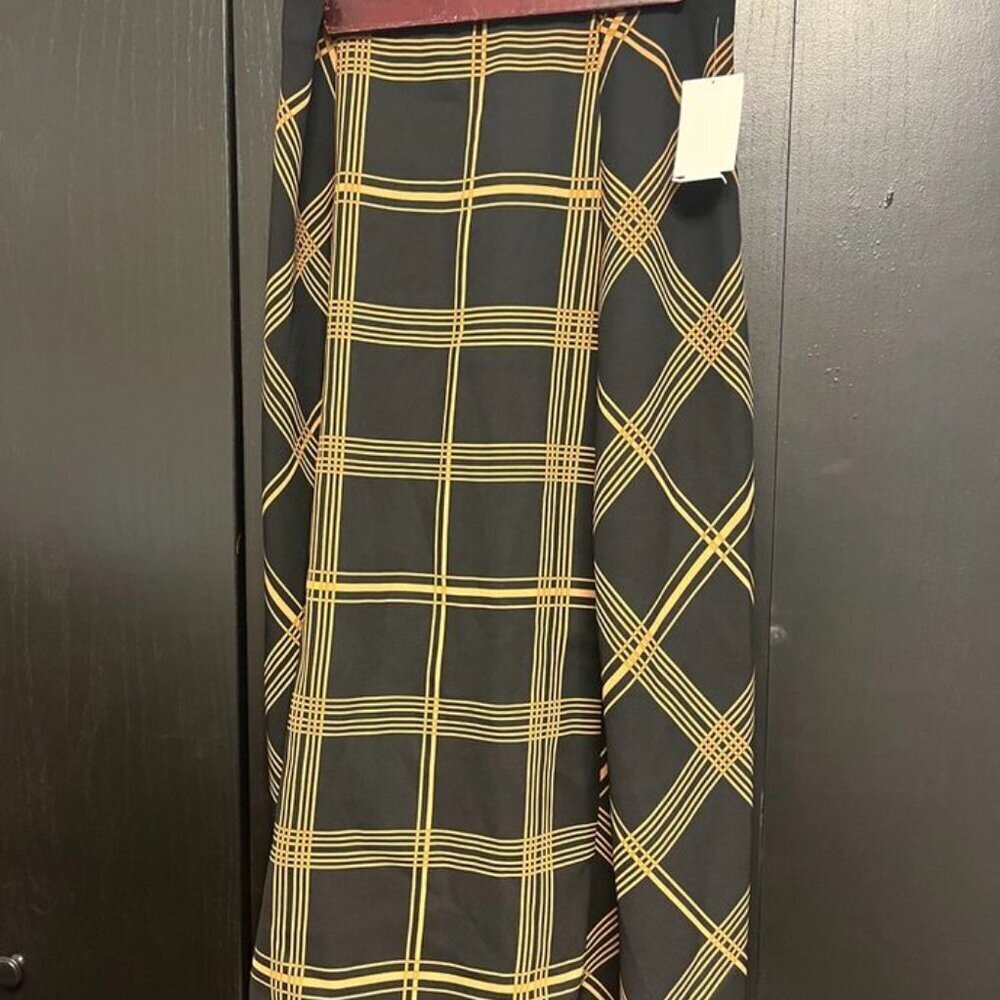 Halogen Plaid A-Line Midi Skirt Black Mustard Windowpane Check Women’s XS - Picture 4 of 5